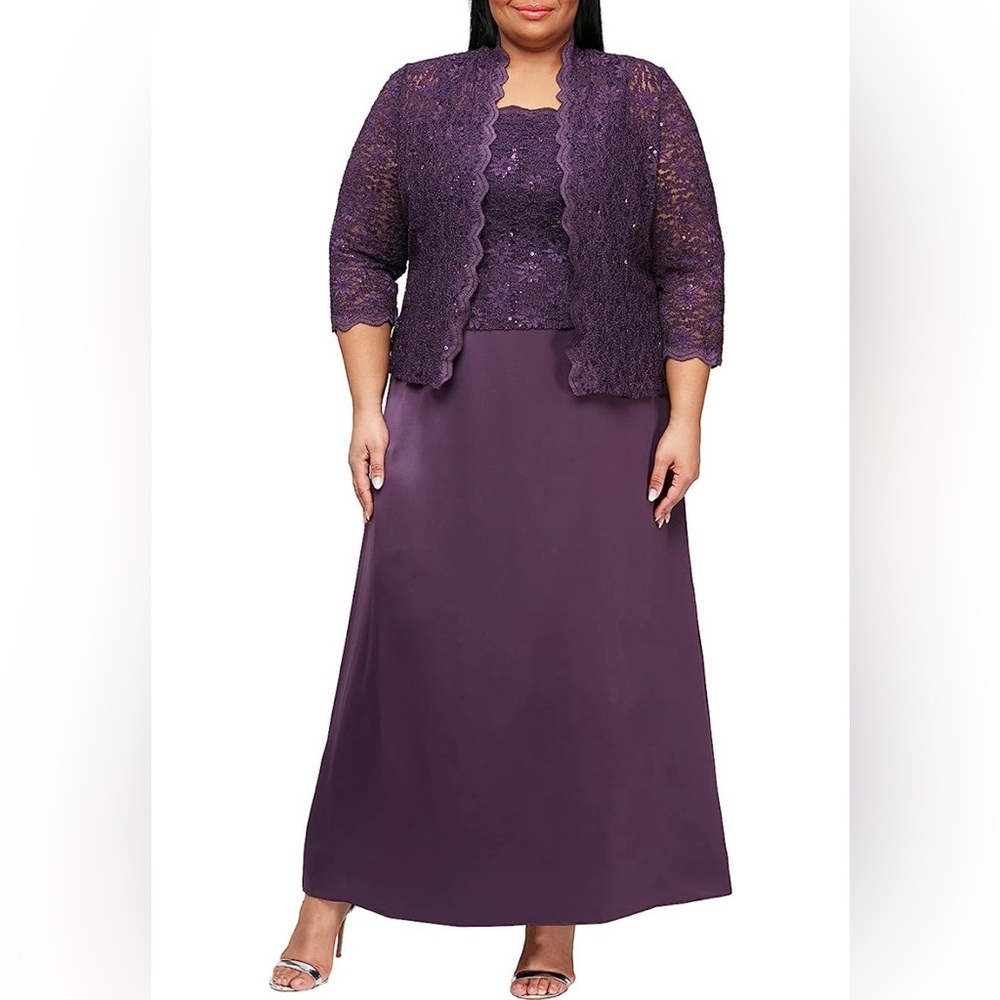 New Alex Evenings Sequin Lace 2 piece Dress Eggplant Sz 16W